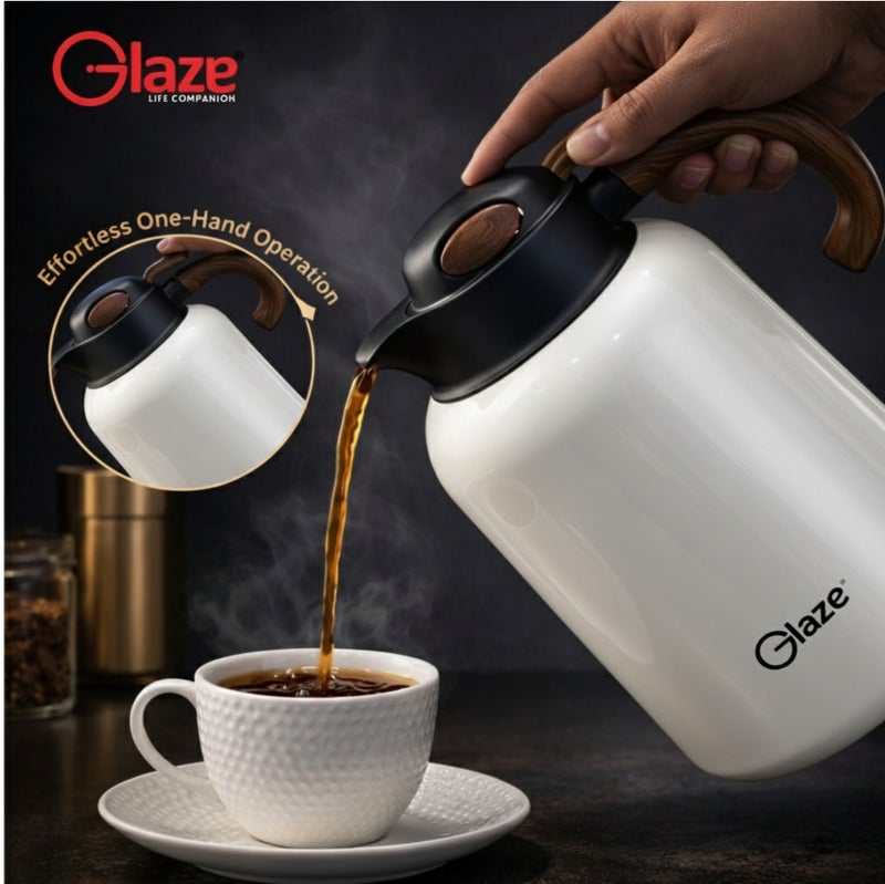 جليز إبريق حراري للقهوة والشاي بسعة 1.8 لتر، ترمس بعزل من الستانلس ستيل 304، يحافظ على المشروبات ساخنة وباردة لساعات، غطاء مانع للتسرب، تصميم أنيق بمقبض خشبي للاستخدام في المنزل، المجلس والضيافة – أبيض - Image 2